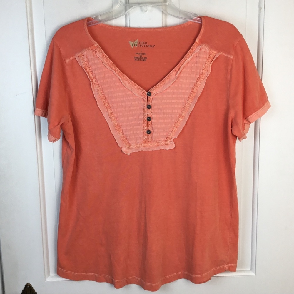 Natural Reflections Boho Cotton V-neck Tee Coral